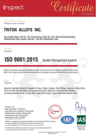 Certificate of Quality Management System for Triton Alloys Inc.